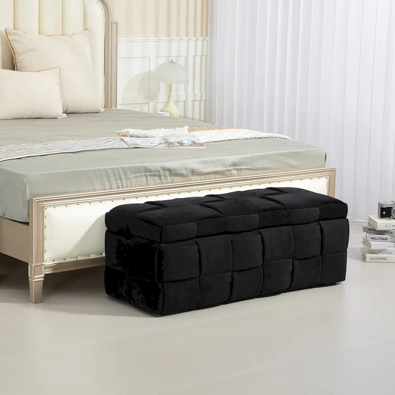 Pouf contenitore in tessuto di velluto imbottito con cerniera di sicurezza, non richiede assemblaggio