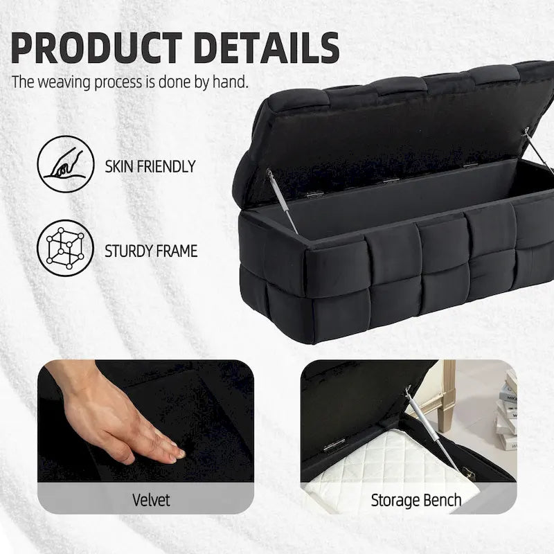 Velvet Upholstered Fabric Storage Ottoman with Safety Hinge, No assembly required