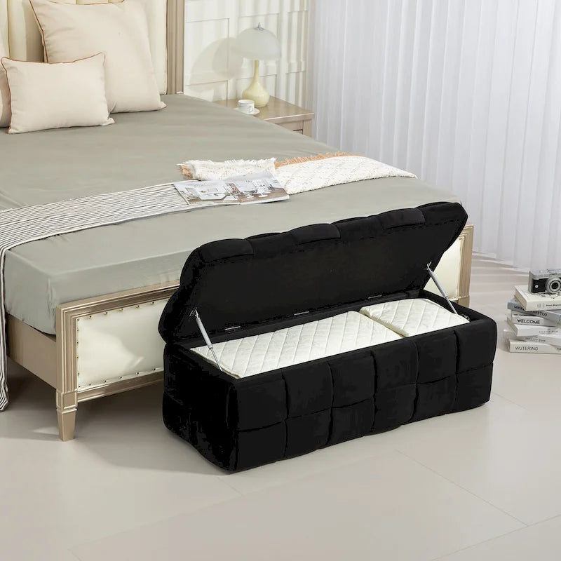 Pouf contenitore in tessuto di velluto imbottito con cerniera di sicurezza, non richiede assemblaggio
