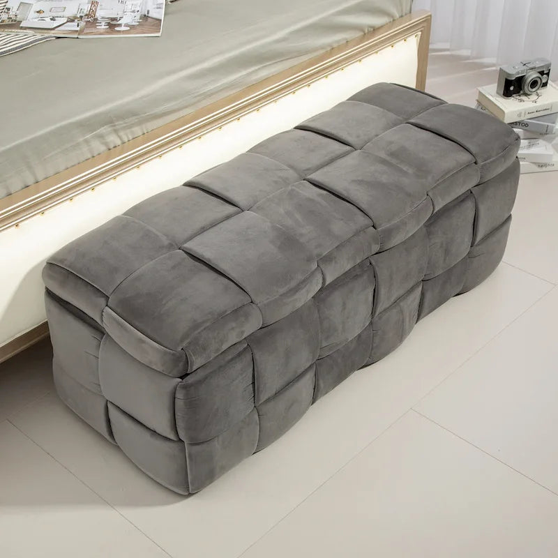 Pouf contenitore in tessuto di velluto imbottito con cerniera di sicurezza, non richiede assemblaggio
