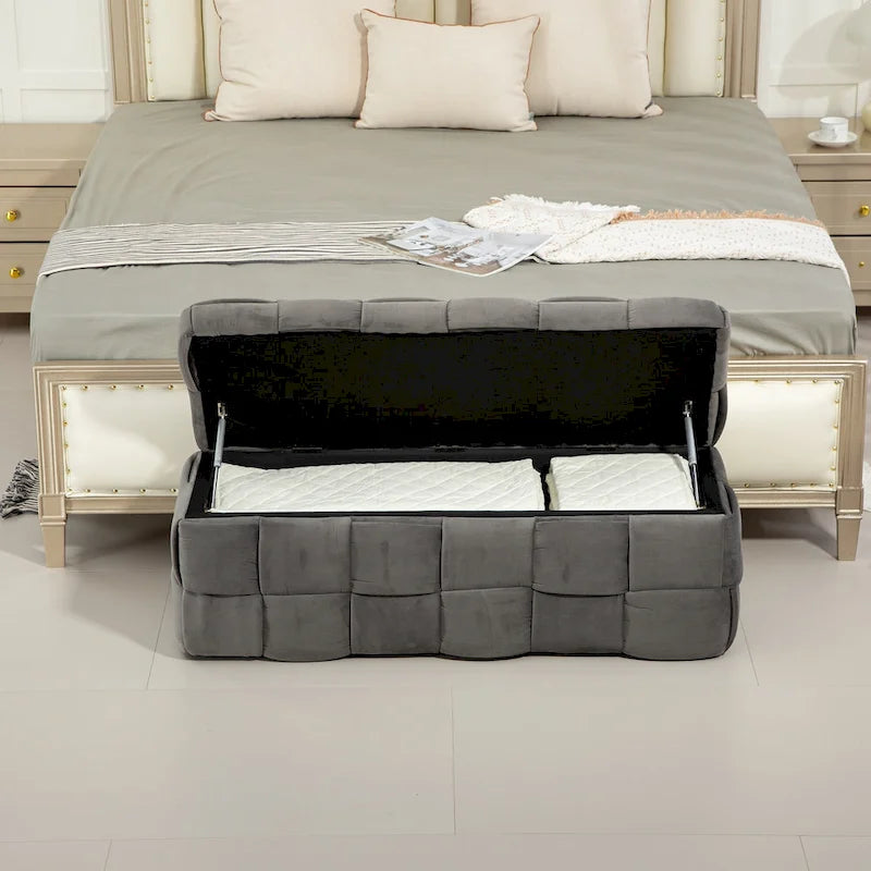 Pouf contenitore in tessuto di velluto imbottito con cerniera di sicurezza, non richiede assemblaggio