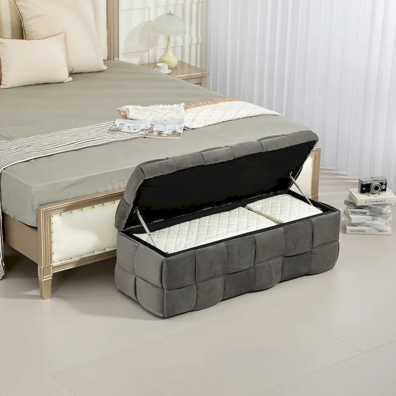 Pouf contenitore in tessuto di velluto imbottito con cerniera di sicurezza, non richiede assemblaggio