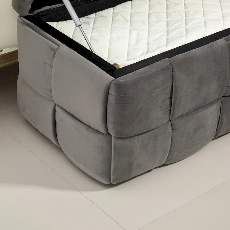 Pouf contenitore in tessuto di velluto imbottito con cerniera di sicurezza, non richiede assemblaggio