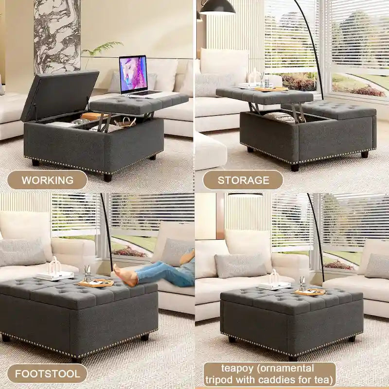 Massive square storage bench, footstool with two storage doors, mid-century modern coffee table for living room, nailhead inlay