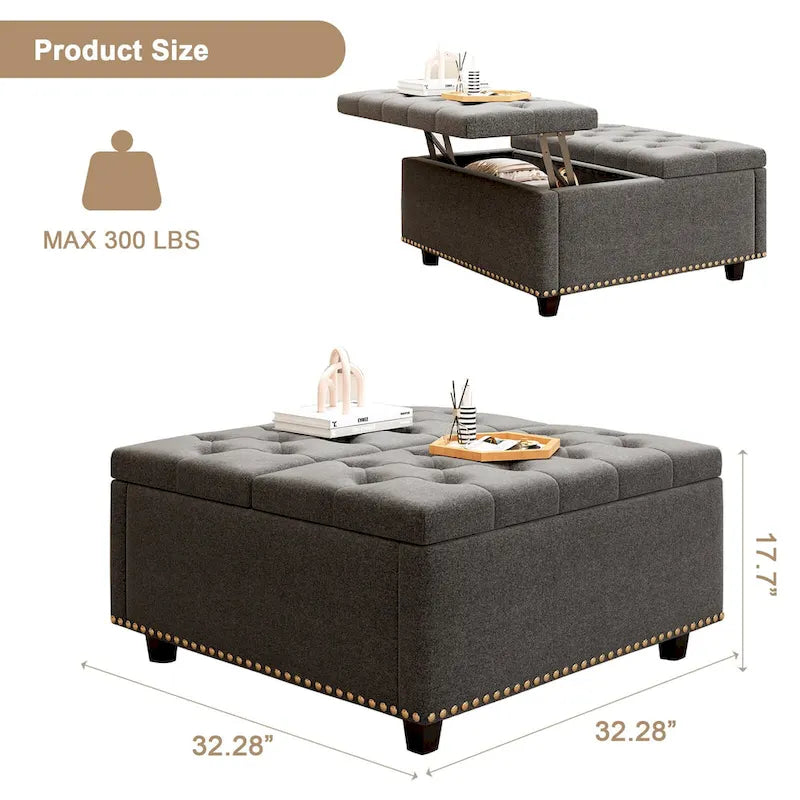 Massive square storage bench, footstool with two storage doors, mid-century modern coffee table for living room, nailhead inlay