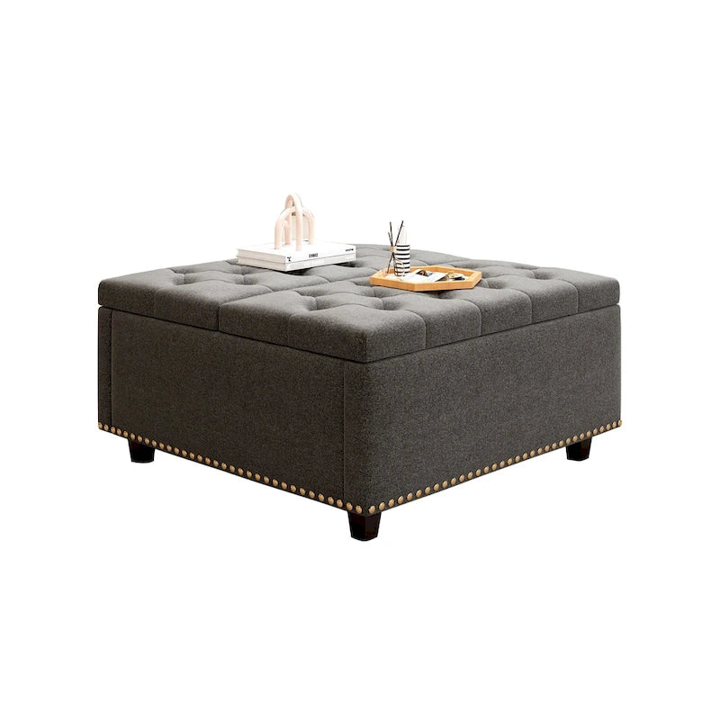 Panca contenitore quadrata di grandi dimensioni, poggiapiedi con due ante contenitore, tavolino da caffè moderno di metà secolo per soggiorno, intarsio con borchie