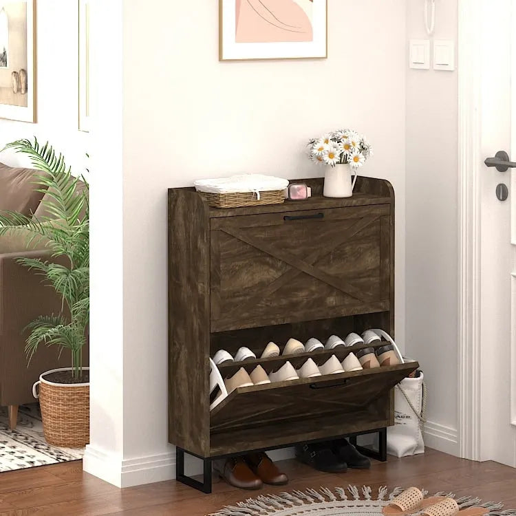 Shoe Storage Cabinet with 2 Flip Drawers, Freestanding Organizer with Metal Legs for Entryway, Narrow Shoe Rack Cabinet