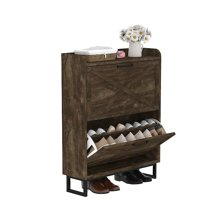 Shoe Storage Cabinet with 2 Flip Drawers, Freestanding Organizer with Metal Legs for Entryway, Narrow Shoe Rack Cabinet