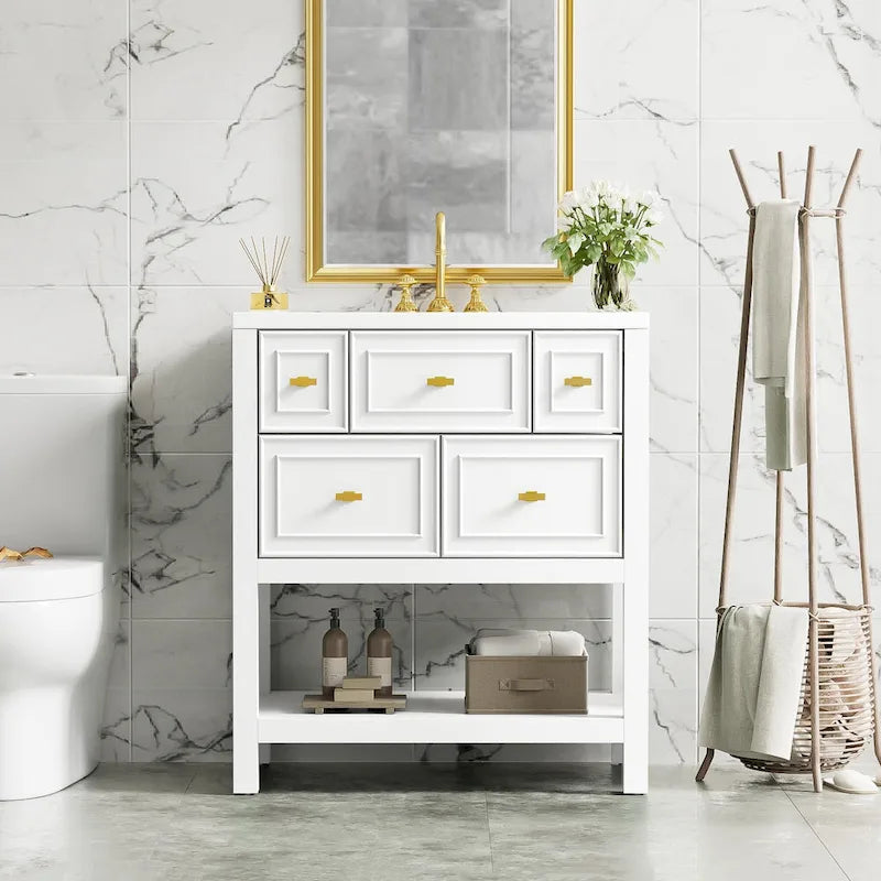 Mobile bagno da 30 con lavabo in ceramica, set lavabo singolo indipendente con 5 cassetti