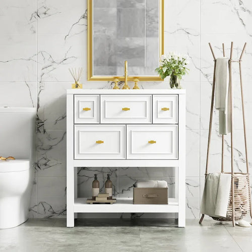 Ensemble meuble-lavabo de salle de bains de 30 avec lavabo en céramique, meuble-lavabo simple autoportant avec 5 tiroirs