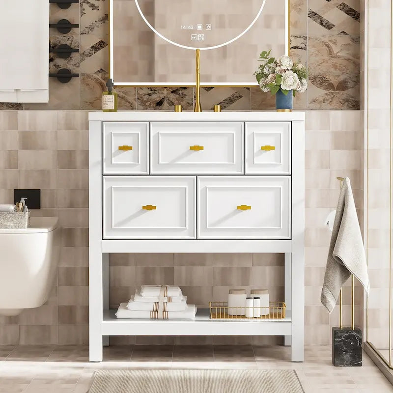 Mobile bagno da 30 con lavabo in ceramica, set lavabo singolo indipendente con 5 cassetti