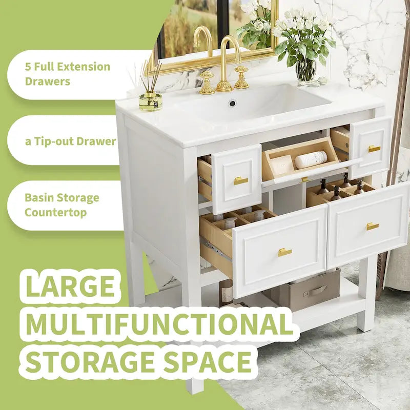 Mobile bagno da 30 con lavabo in ceramica, set lavabo singolo indipendente con 5 cassetti