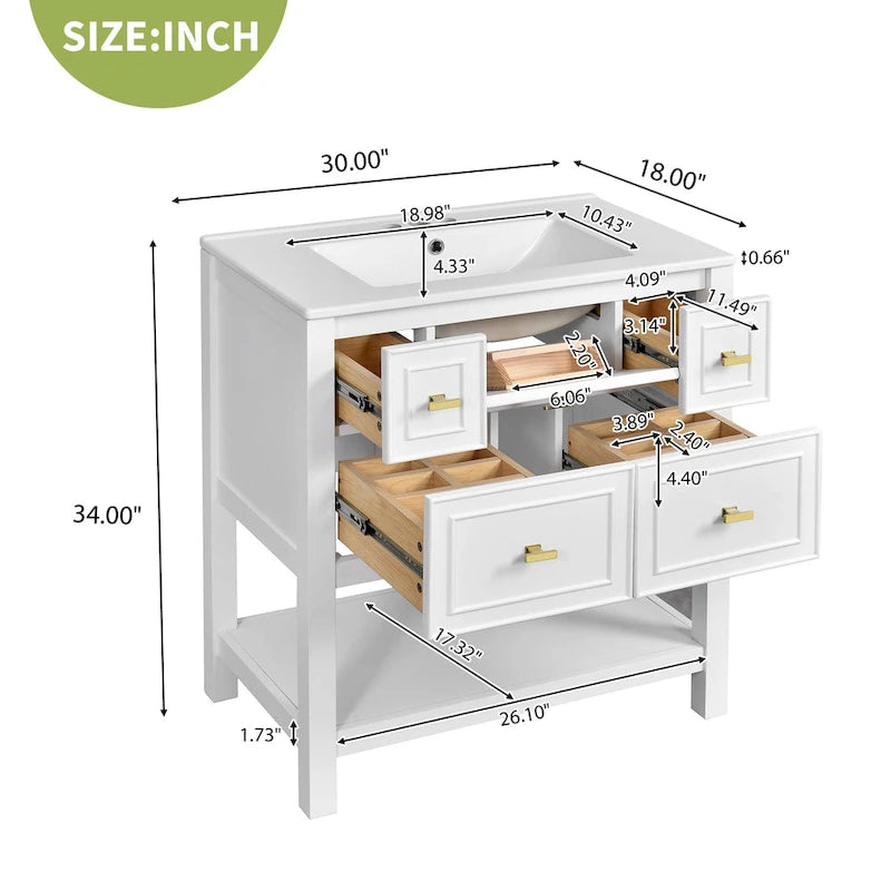 Mobile bagno da 30 con lavabo in ceramica, set lavabo singolo indipendente con 5 cassetti