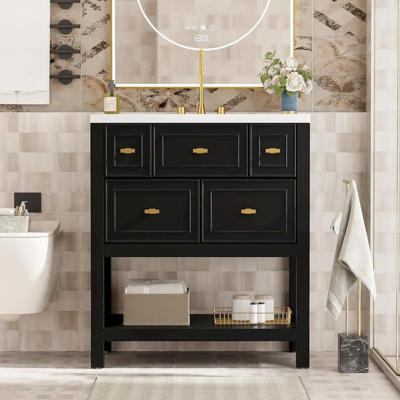 Mobile bagno da 30 con lavabo in ceramica, set lavabo singolo indipendente con 5 cassetti