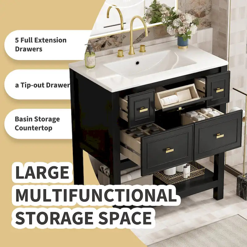 Mobile bagno da 30 con lavabo in ceramica, set lavabo singolo indipendente con 5 cassetti