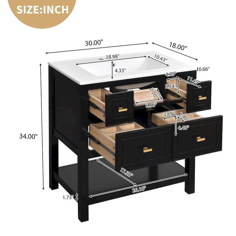 Mobile bagno da 30 con lavabo in ceramica, set lavabo singolo indipendente con 5 cassetti