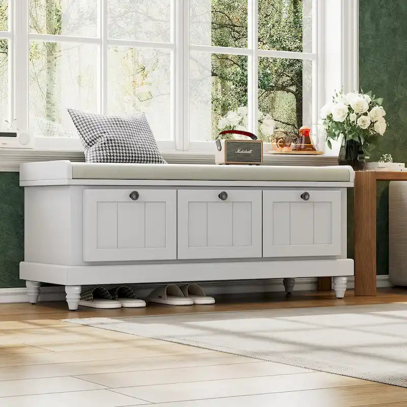 Shoe Bench with Lift Top Cushion Seat & Hidden Space, Entryway Shoe Storage Bench with 3 Drawers, Bedroom End of Bed Bench