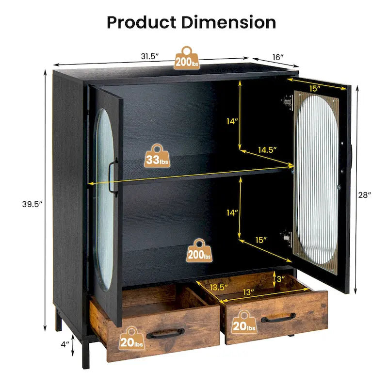 Kitchen Storage Cabinet Freestanding Buffet Sideboard w/ 2 - Black, Rustic Brown - See Details