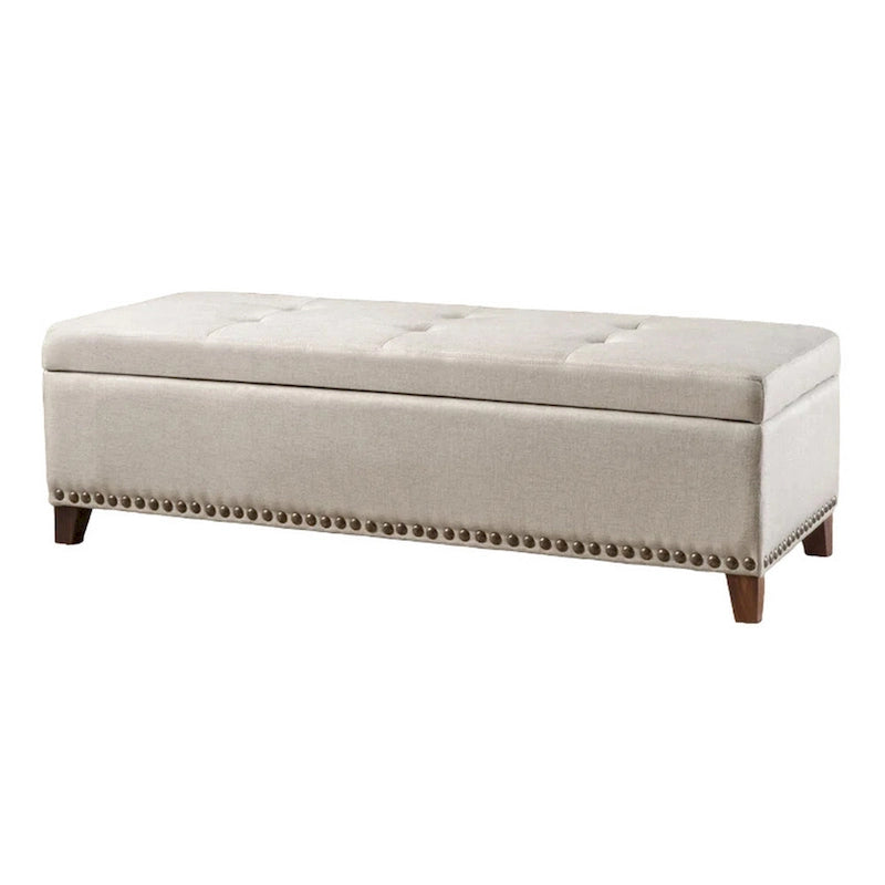 Storage Ottoman Bench, 51 Inch Beige Fabric, Brass Nailhead Trim