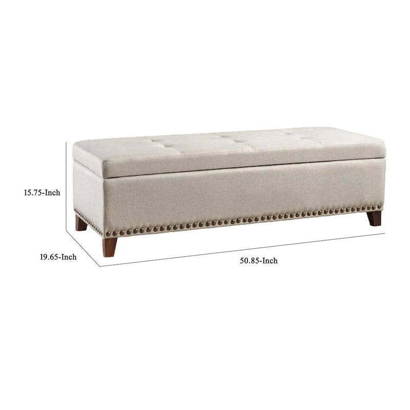 Opbergbank met zitkussen, 51 inch, beige stof, messingkleurige nagelrand