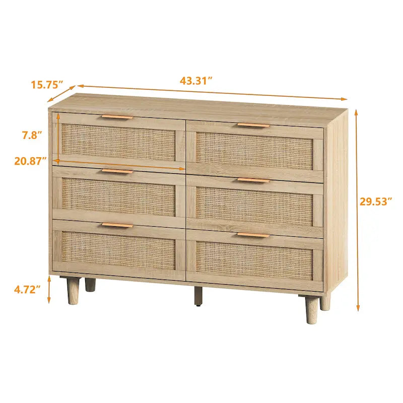 6 Drawers Rattan Storage Cabinet Rattan Drawer,for Bedroom,Living Room,Wood Color