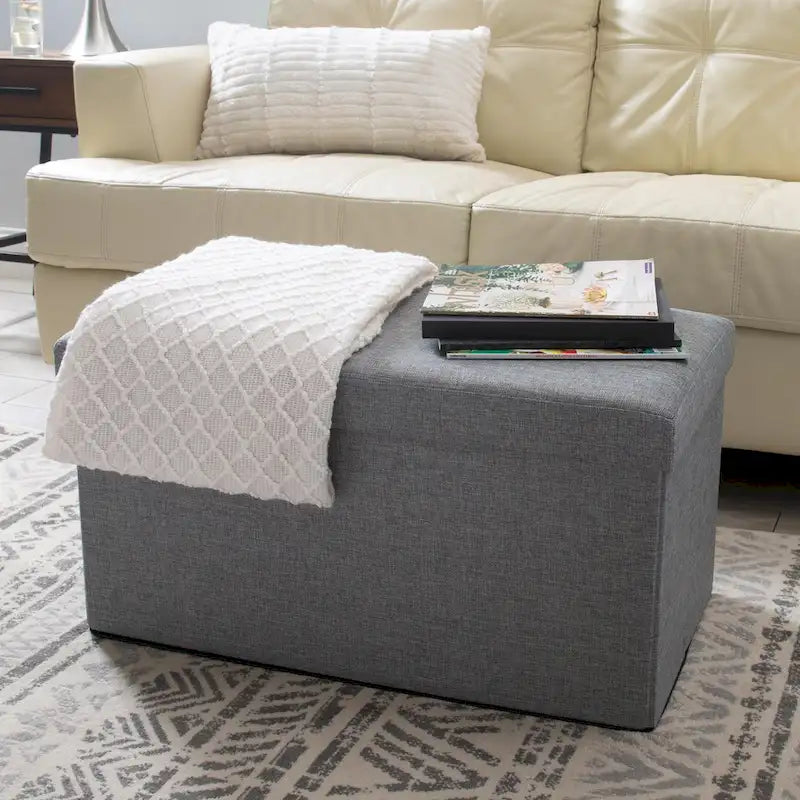 Grey Linen Look Double Foldable Ottoman - 30 x 15 x 15