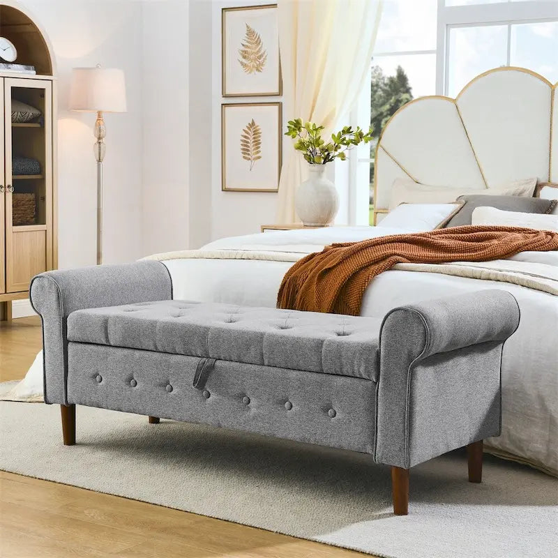 62 Bedroom Tufted Button Storage Bench, Linen Upholstered Ottoman