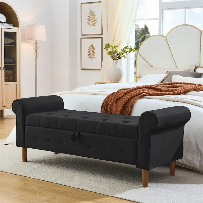 Panca contenitore con bottoni trapuntati per camera da letto 62, pouf rivestito in lino