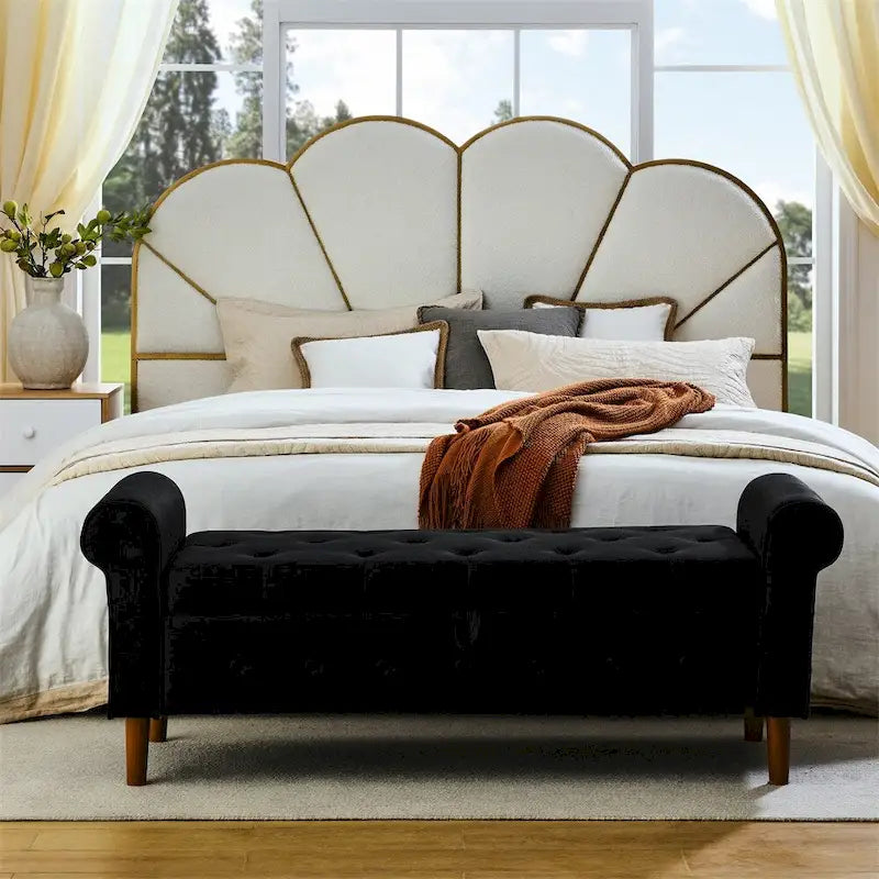 Panca contenitore con bottoni trapuntati per camera da letto 62, pouf rivestito in lino