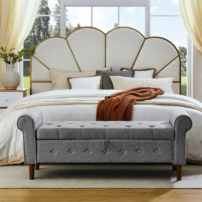 62 Bedroom Tufted Button Storage Bench, Linen Upholstered Ottoman