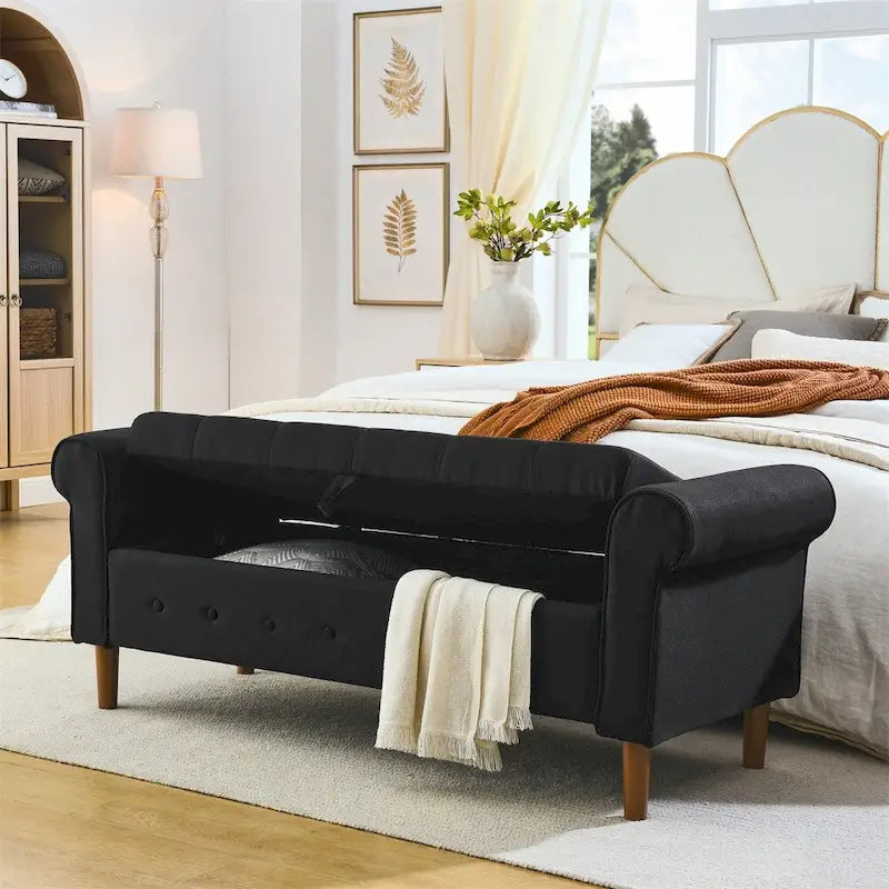 Panca contenitore con bottoni trapuntati per camera da letto 62, pouf rivestito in lino