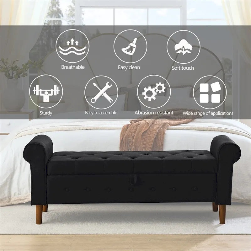 Panca contenitore con bottoni trapuntati per camera da letto 62, pouf rivestito in lino