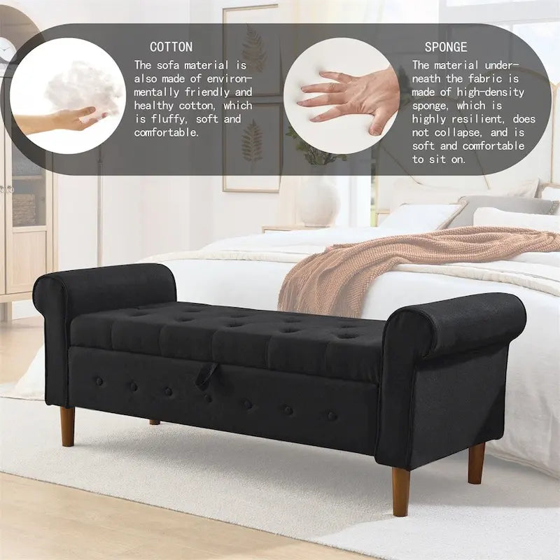 Panca contenitore con bottoni trapuntati per camera da letto 62, pouf rivestito in lino