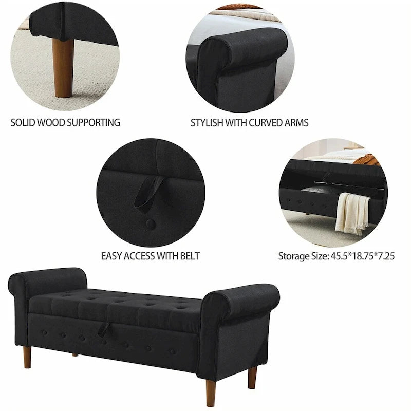 Panca contenitore con bottoni trapuntati per camera da letto 62, pouf rivestito in lino