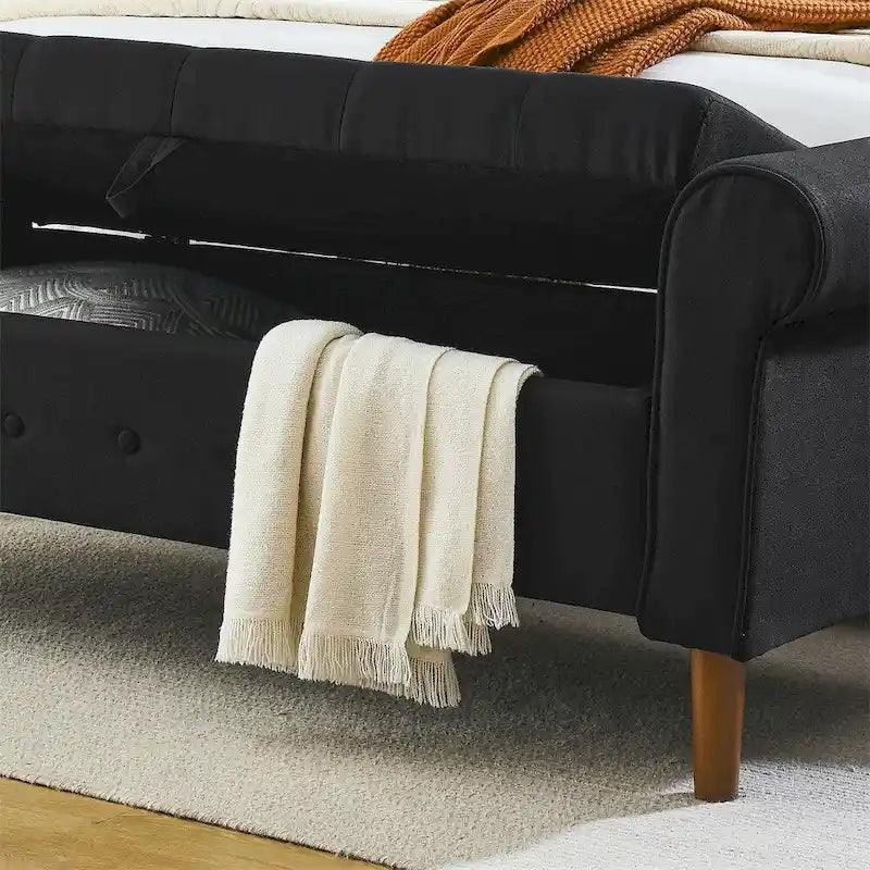 Panca contenitore con bottoni trapuntati per camera da letto 62, pouf rivestito in lino