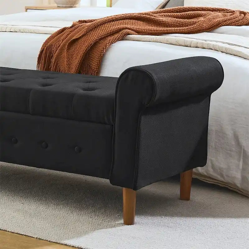 Panca contenitore con bottoni trapuntati per camera da letto 62, pouf rivestito in lino