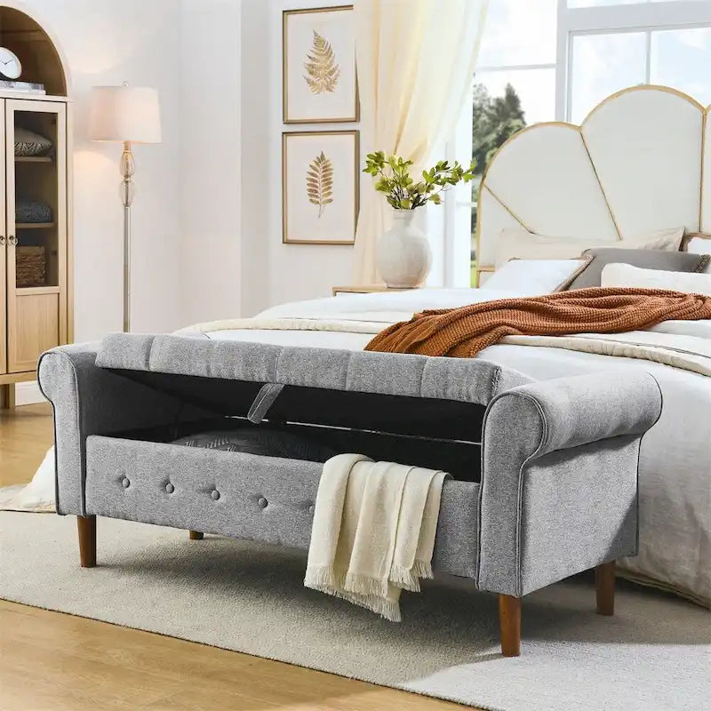 Panca contenitore con bottoni trapuntati per camera da letto 62, pouf rivestito in lino