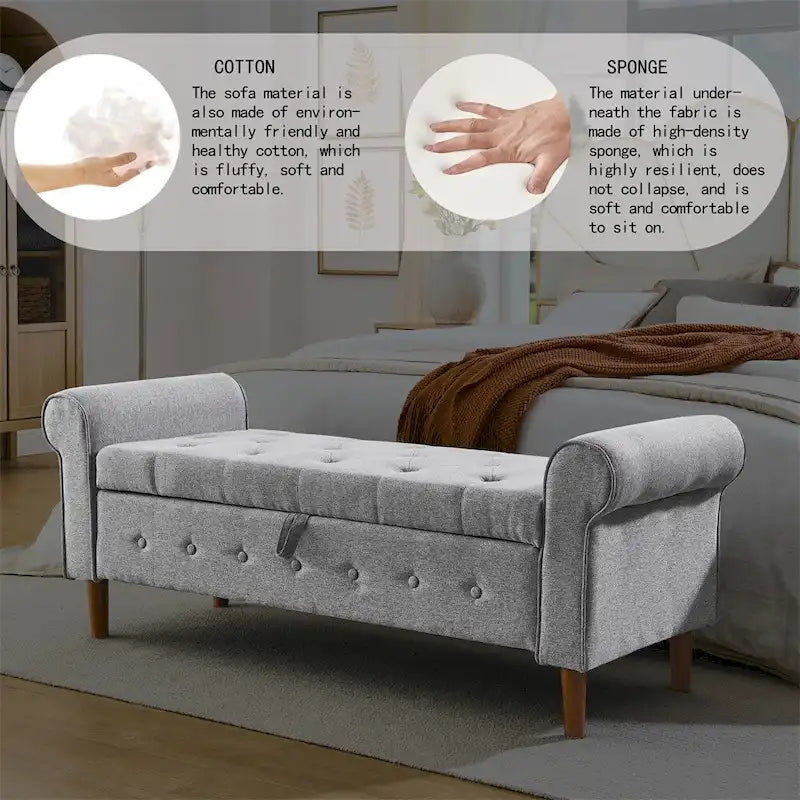 Panca contenitore con bottoni trapuntati per camera da letto 62, pouf rivestito in lino