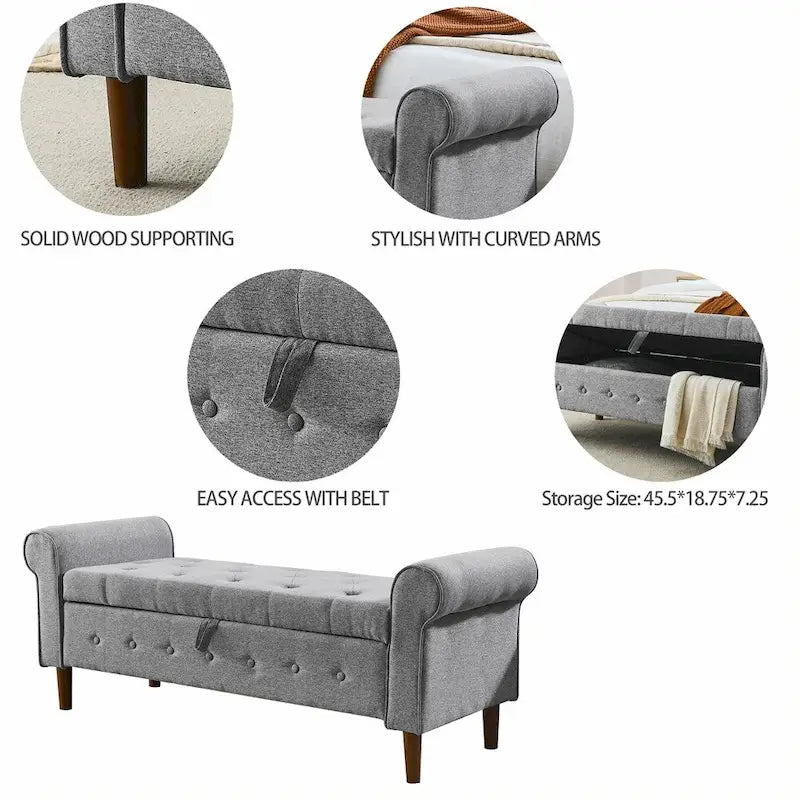 Panca contenitore con bottoni trapuntati per camera da letto 62, pouf rivestito in lino