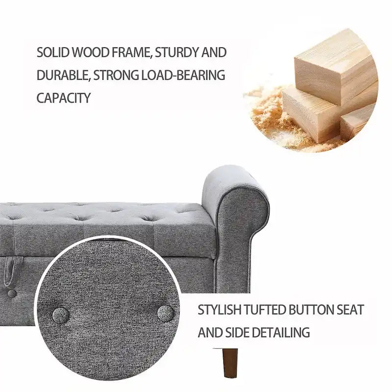 Panca contenitore con bottoni trapuntati per camera da letto 62, pouf rivestito in lino