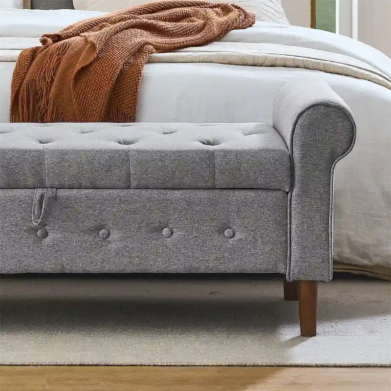 Panca contenitore con bottoni trapuntati per camera da letto 62, pouf rivestito in lino