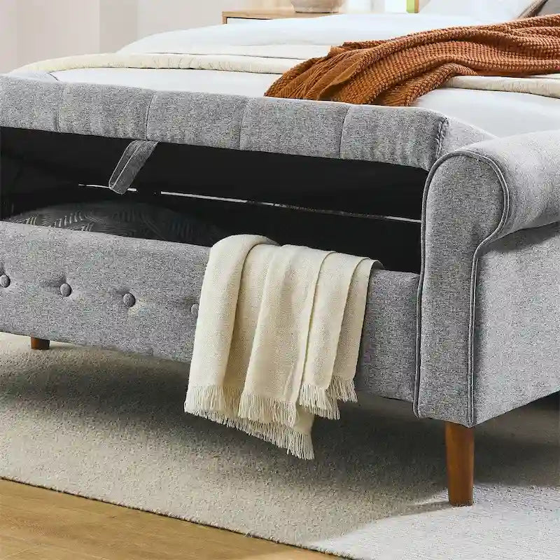 Panca contenitore con bottoni trapuntati per camera da letto 62, pouf rivestito in lino