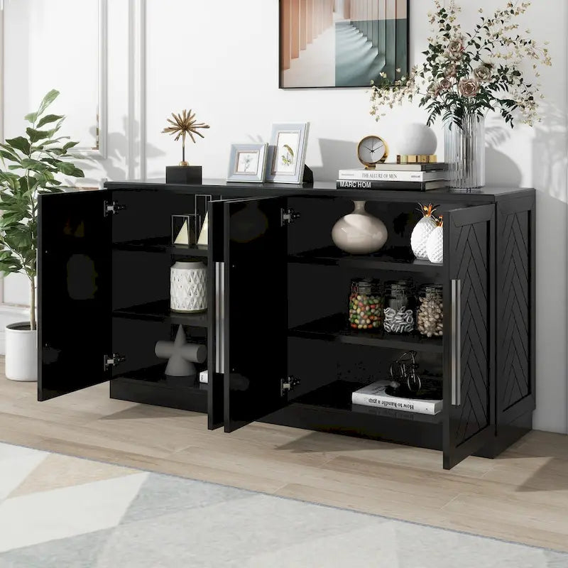 Sideboard with 4 Doors Large Storage Space Buffet Cabinet with Adjustable Shelves and Silver Handles for Kitchen