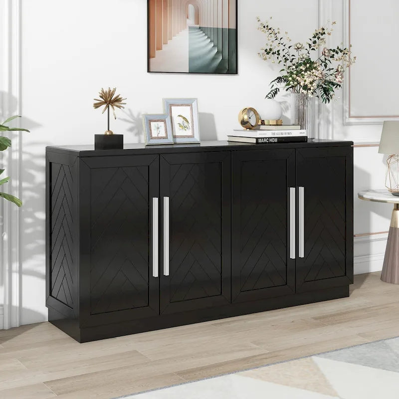 Sideboard with 4 Doors Large Storage Space Buffet Cabinet with Adjustable Shelves and Silver Handles for Kitchen