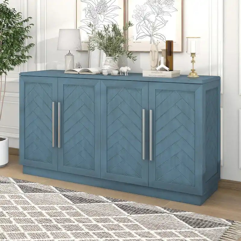 Sideboard with 4 Doors Large Storage Space Buffet Cabinet with Adjustable Shelves and Silver Handles for Kitchen