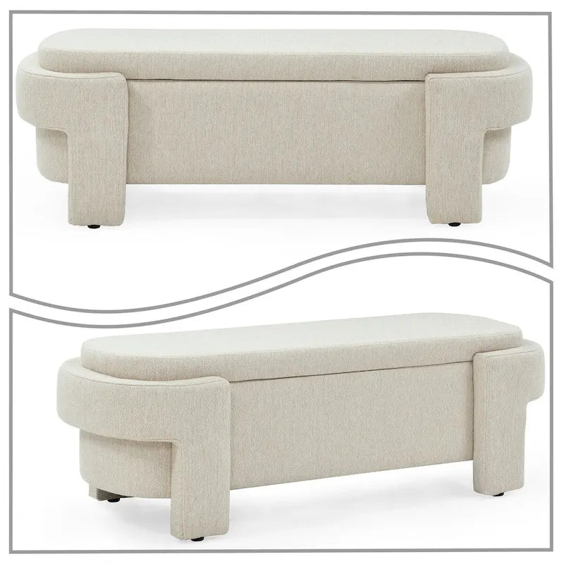 French Minimalist Fabric Upholstered Storage Bench with Four Upholstered Legs