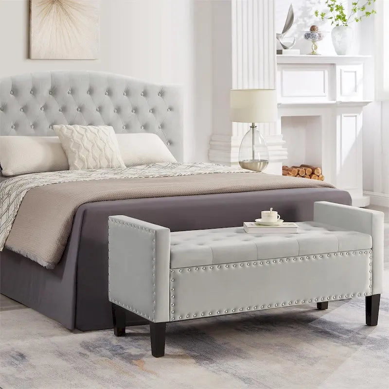 Upholstered Tufted Button Storage Bench with Nails Trim