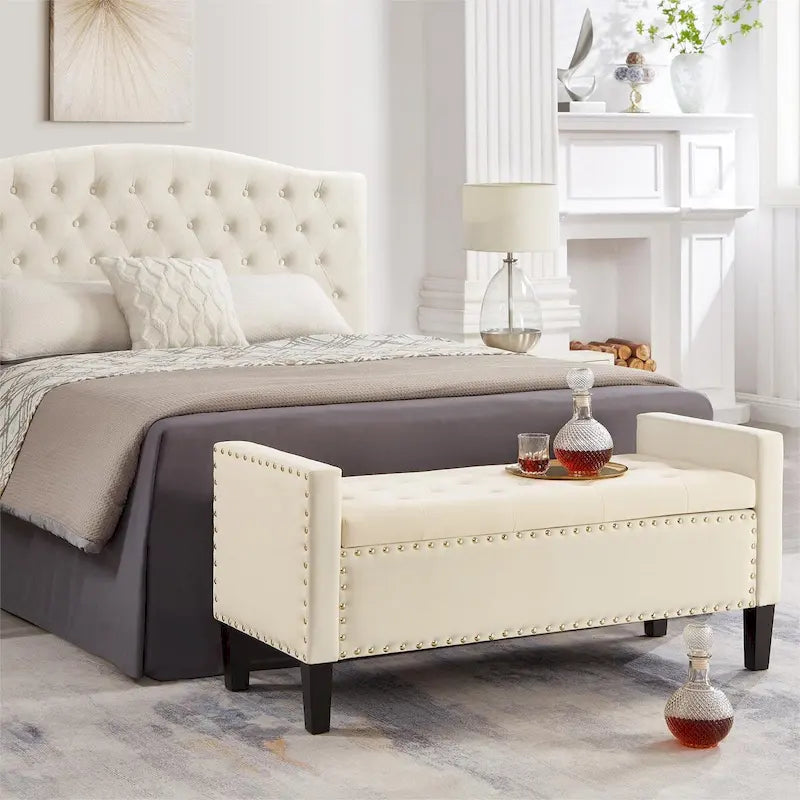 Upholstered Tufted Button Storage Bench with Nails Trim