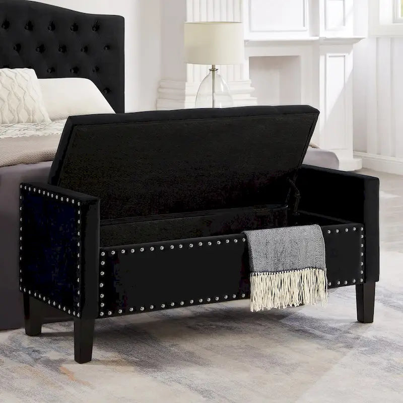 Upholstered Tufted Button Storage Bench with Nails Trim