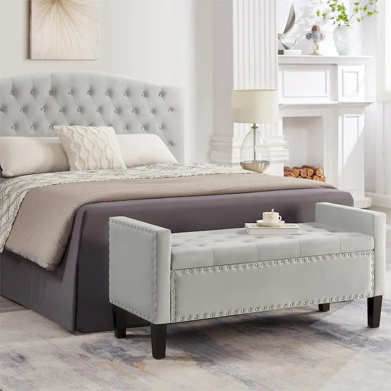 Upholstered Tufted Button Storage Bench with Nails Trim